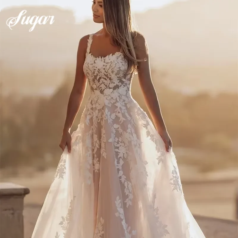 

Customized Wedding Dress Bridal Gown Square Collar Sleeveless A-LINE 2025 Appliques Backless Boho Bridal Gown Robe De Soire