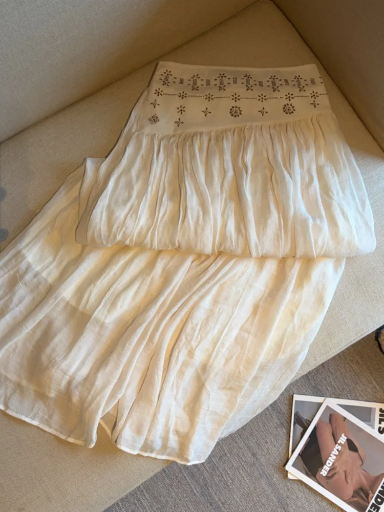  Heavy-Duty Rhinestone Linen A-Line Skirt Women's Thin Holiday Ethnic Style Maxi Skirt Hips Concealing Cotton Linen ...