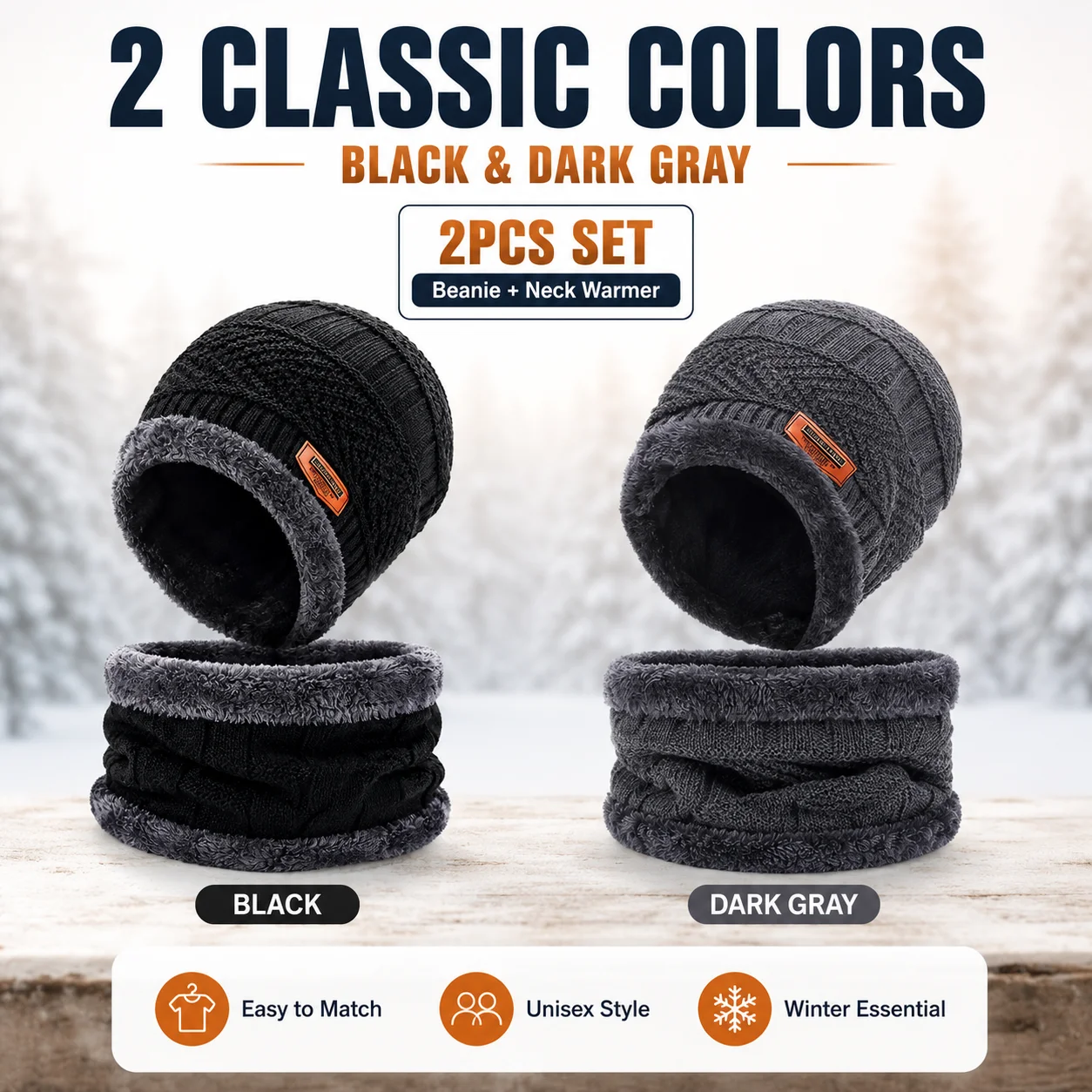 2PCS Winter Beanie Hat Neck Warmer Set Men Women Thick Fleece Lined Knit Cap Scarf Warm Windproof Cold Weather Outdoor Gift Wear