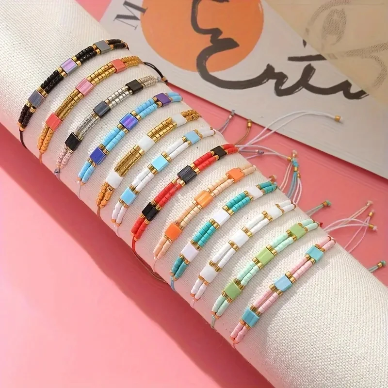 12pcs/set Multiple Colors Small Bead Woven Bracelet Set Adjustable Bracelet Gifts For Couples Unisex Jewelry