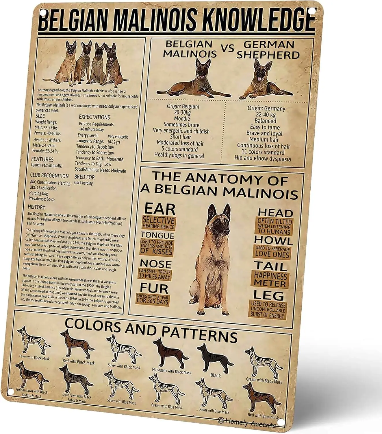 Homely Accents Belgian Malinois Knowledge Metal Signs, Vintage Farmhouse Decor, Educational Poster for Home Kitchen Cafe Classro