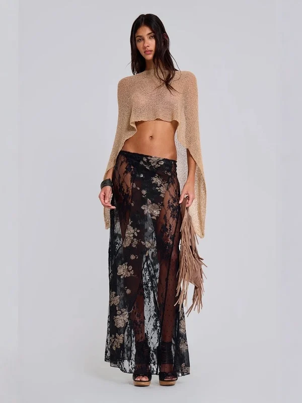 

Bla Floral Splicing Lace See-tough Sexy Y2K f Skirt Low Waist Polyester Fiber Casual Beach Scene Stand H-ape