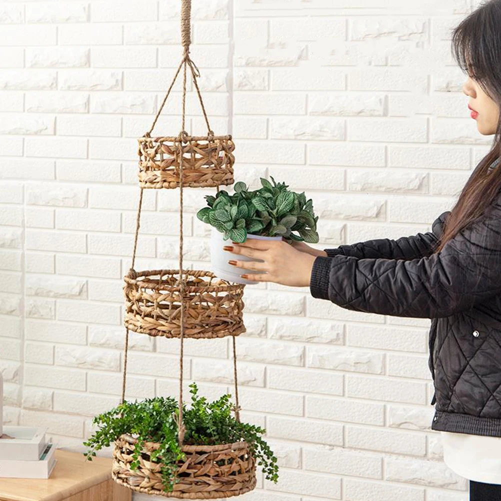 Rattan Woven Basket Hanging Flower Planter Durable Stylish Decor Balcony Vegetable Accessories Storage