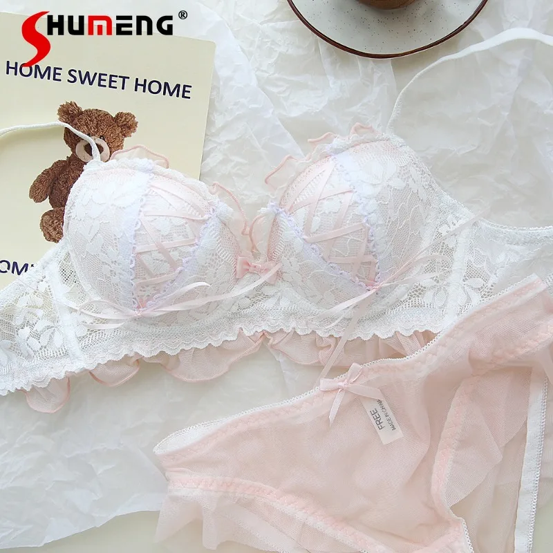 

Sweet Style Wireless Small Chest Intimates Girls Japanese Style Ribbon Underwear Set Women Thin Cup Push Up Bow Tie Bra Suit