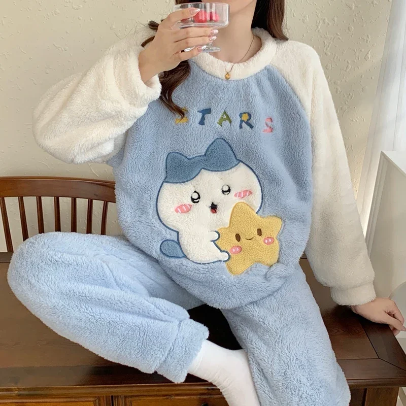 2024 Winter Long Sleeve Thick Warm Flannel Pajama Sets For Women Cute Cartoon Coral Velvet Sleepwear Pyjama Pijama Mujer Clothes