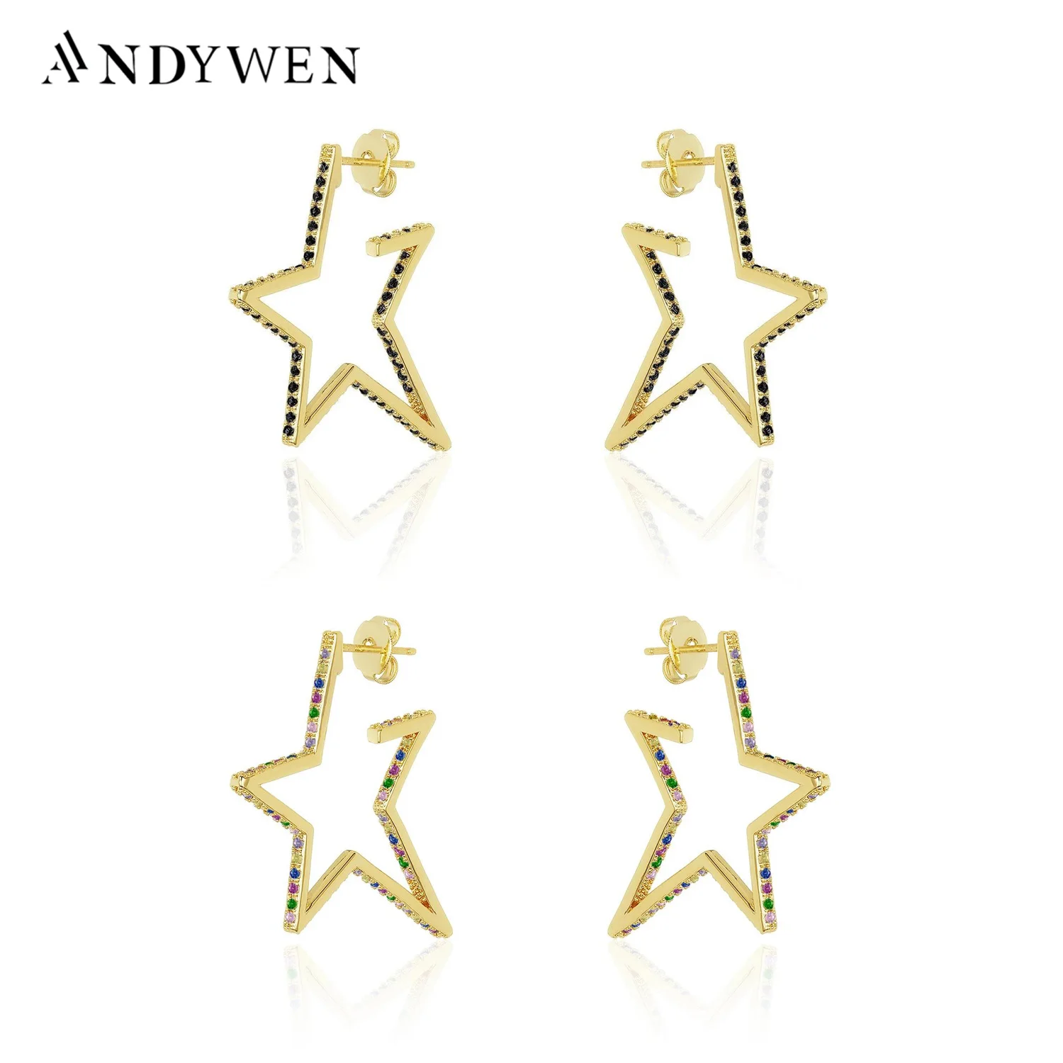 Andywen 100% 925 Sterling Silver Gold Clear Zircon Hoops Crystal CZ Circle Rock Punk Pendientes Piercing Ohrringe Luxury Jewelry