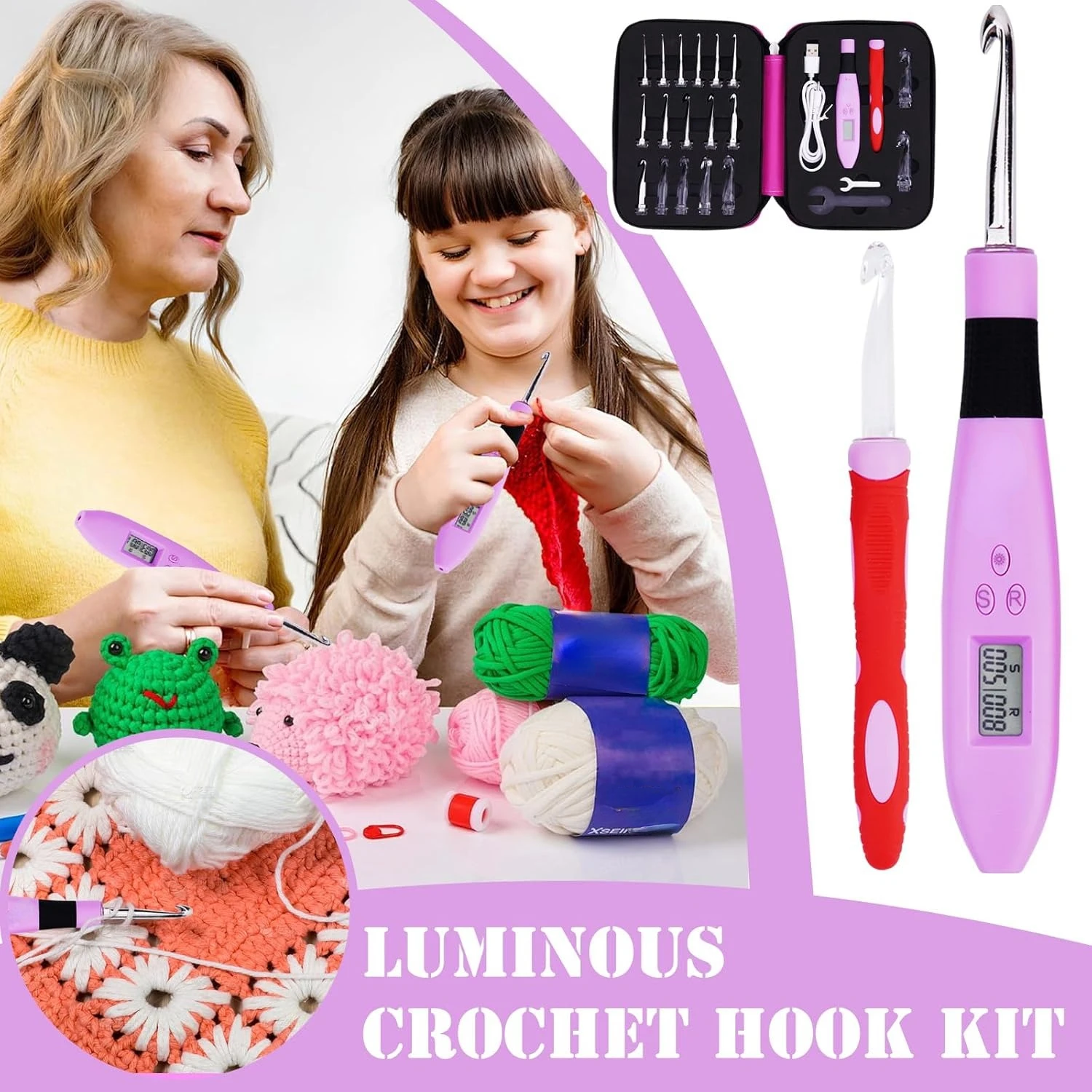 18 PCS Lighted Crochet Hook Set with Counter Ergonomic Knitting Needles Interchangeable Metal and Heads DIY Tool for Crocheters