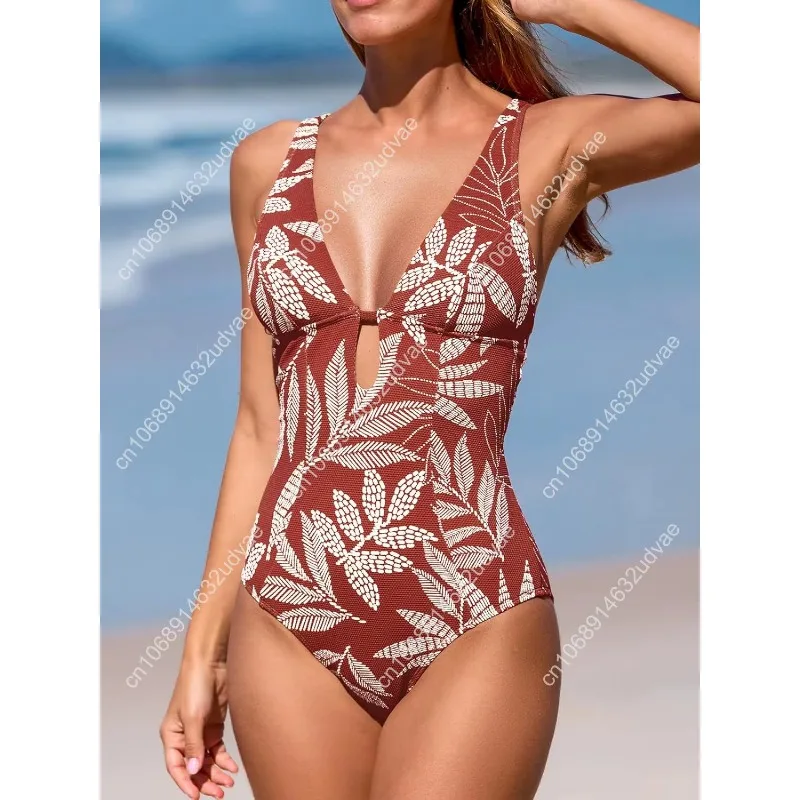Women's One Piece Swimsuit Deep V Neck Keyhole Cutout O Ring Textured Bathing Suit - view 5