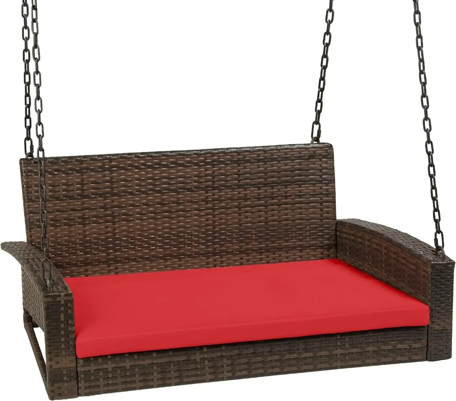 Woven Wicker Outdoor Porch Swing, Hanging Patio Bench for Deck, Garden w/Mounting Chains, Seat Cushion - Brown/Red