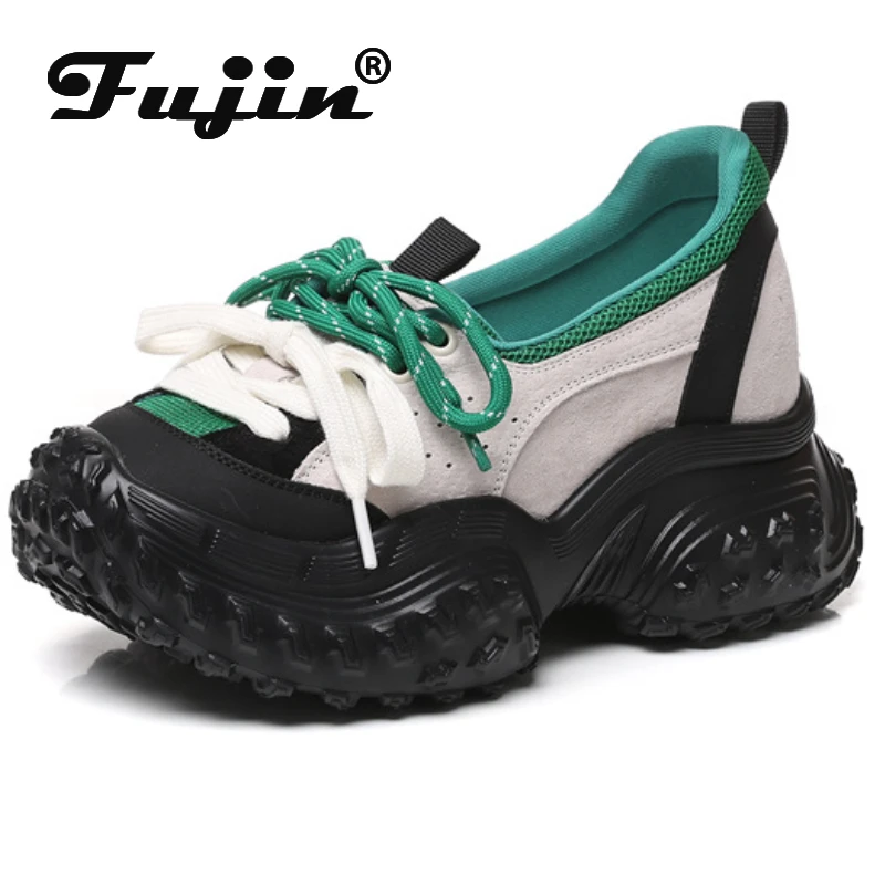 

Fujin 8cm Air Mesh Summer Microfiber Chunky Sneakers Women Vulcanize Platform Wedge Genuine Leather Loafer Fashion Comfy Shoes