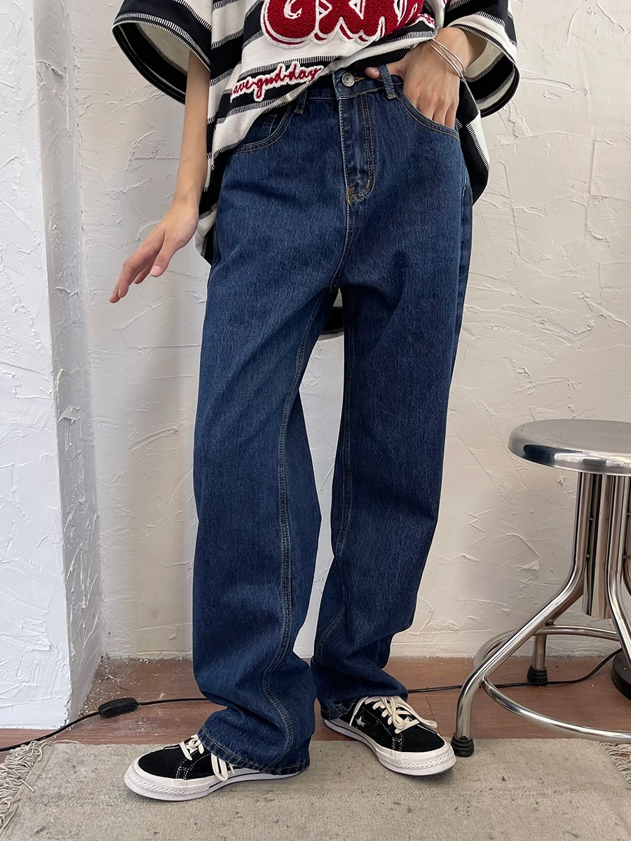 

Deep blue jeans for women in spring 2023, new loose fitting BF American retro wide leg versatile long trend