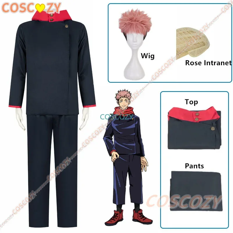 Jujutsu Kasen Itadori Yuji kostum Cosplay celana atas seragam pesta Anime Set pesta karnaval topeng Wig Set