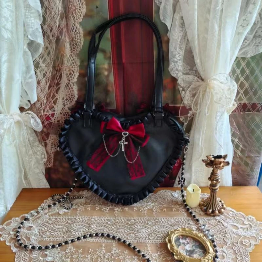 Lolita Pink Shoulder Crossbody Bags Pearl Chain Japanese Transparent Itabag Kawaii Love JK Bags Handbag Lace Women's