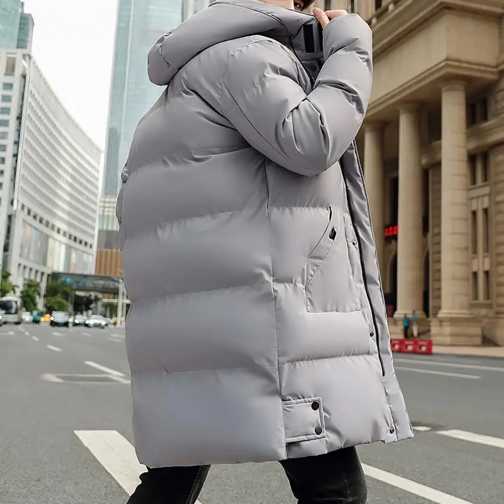 Abrigo largo con capucha para hombre, Abrigo acolchado de algodón con cordón, chaqueta de plumón de longitud media de manga larga, Color sólido, grueso