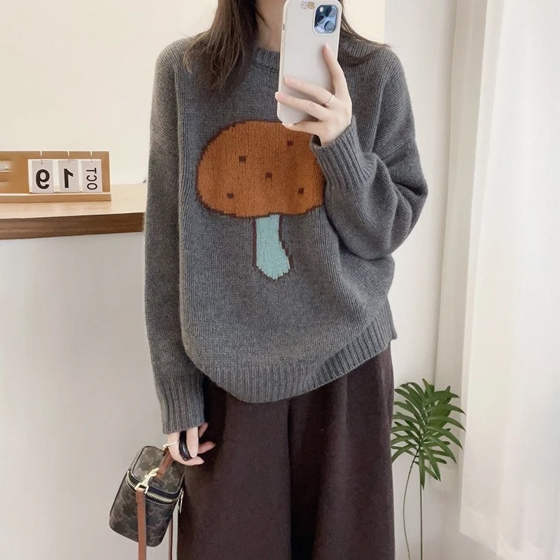 

Осень-зима, жаккардовый свитер с рисунком гриба, женский вязаный пуловер большого размера, универсальный теплый свитер, повседневный детский вязаный топ