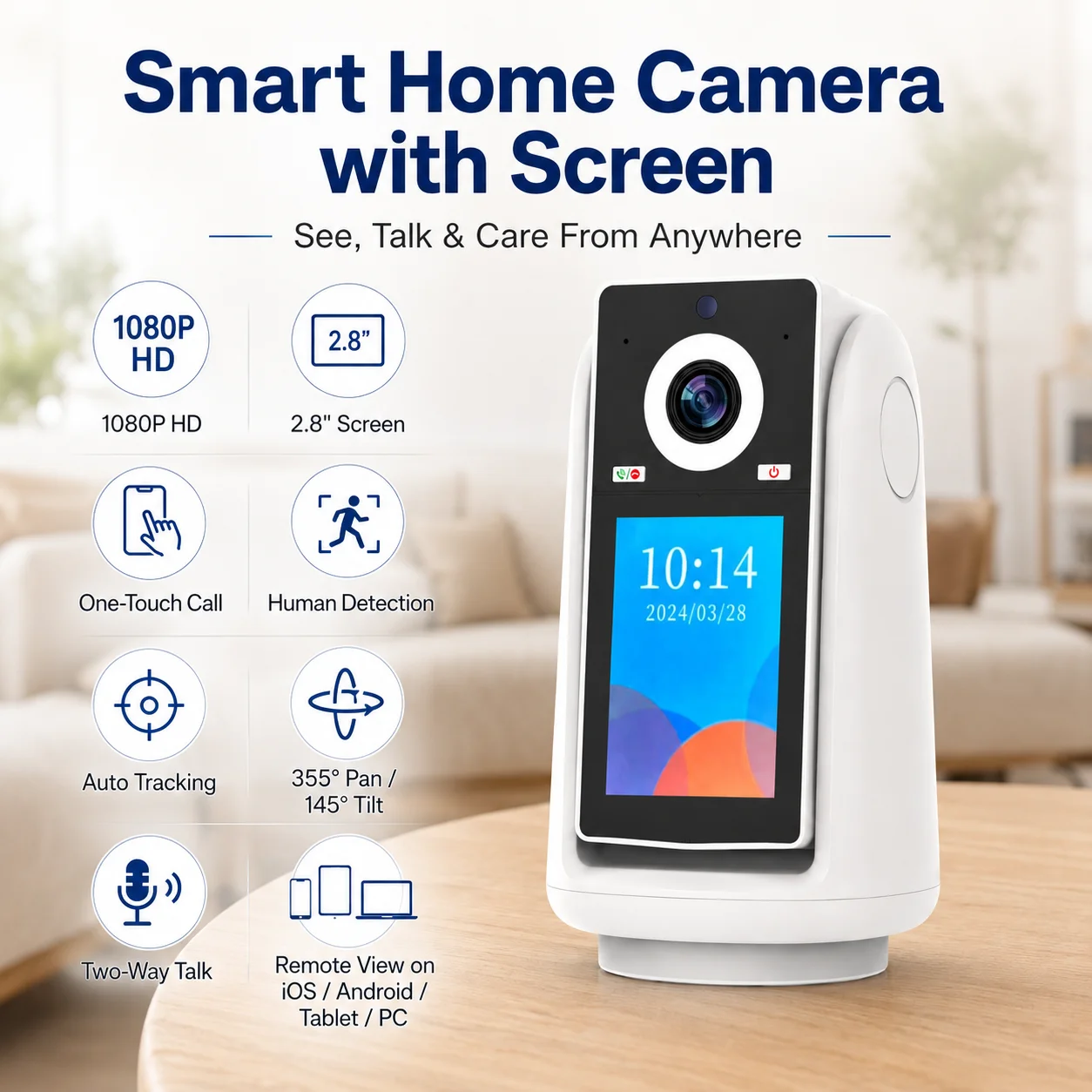 1080P Wi-Fi 2MP Innen-Sicherheitskamera mit Zwei-Wege-Audio, PTZ-Funktion, 2,8-Zoll-Bildschirm, One-Touch-Videoanruf, automatischer Verfolgung und Personenerkennung