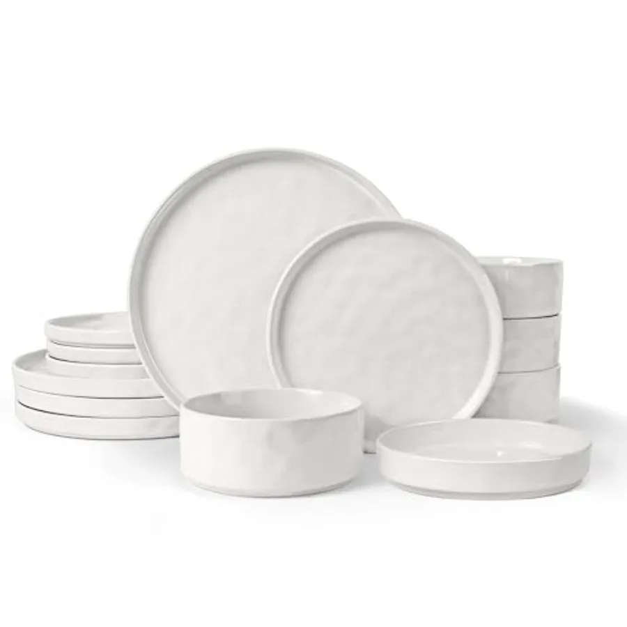 

16 Piece Dinnerware Set with Pasta Bowls Stoneware Dinner Plates and Bowls Sets Wide Shallow Speckled Dishes Set for 4 Chip and
