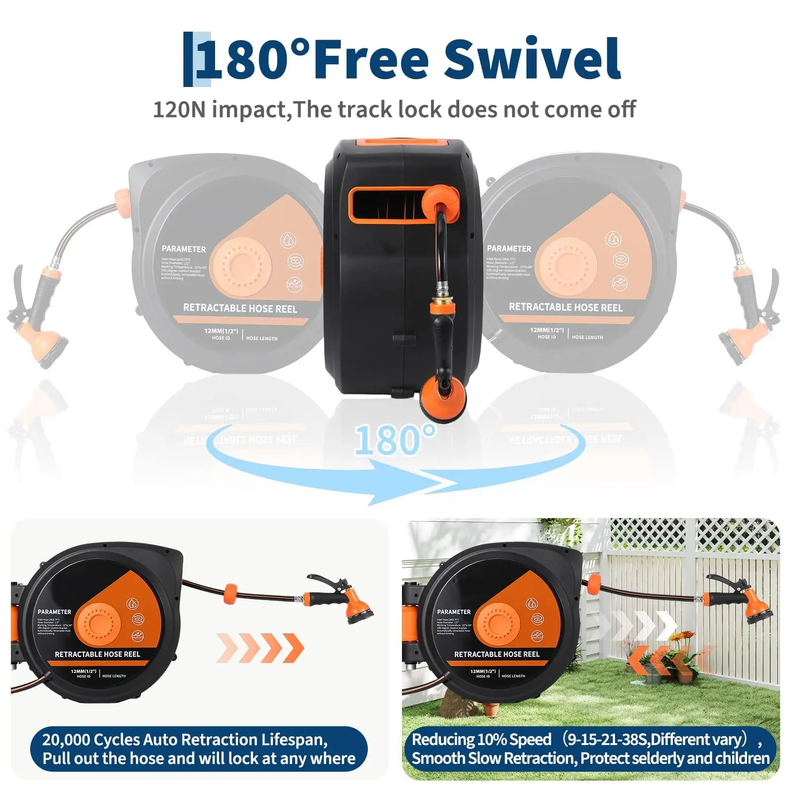 Retractable Garden Hose Reel 130ft, Wall Mounted Automatic Hose Reel with 1/2
