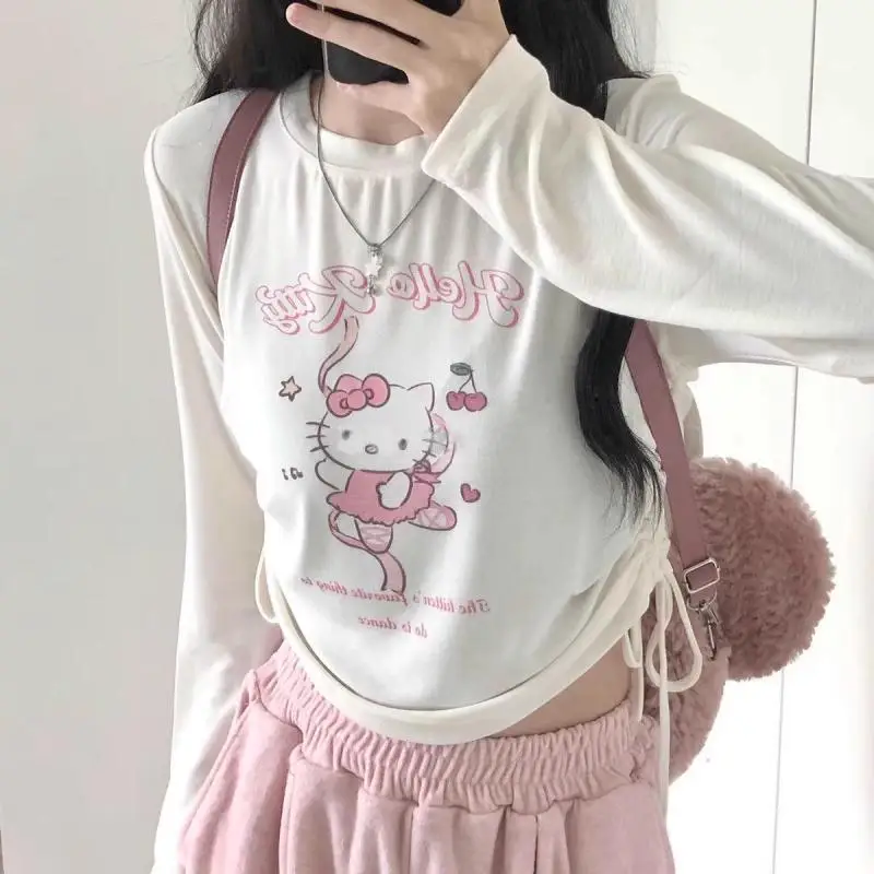 Cute Hello Kittys Long Sleeve T-Shirt Woman Sanrios Anime Cartoon Japanese Soft Girl Fashionable Tie Straps Slim Fit Ins Shirt