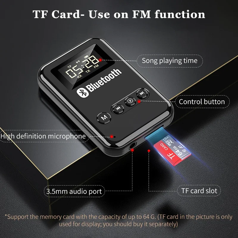 Bluetooth 5.0 Receiver Transmitter LCD Wireless Adapter 3.5MM Jack AUX FM Car Kit Handsfree Call & Mic For PC TV Car kit Speaker