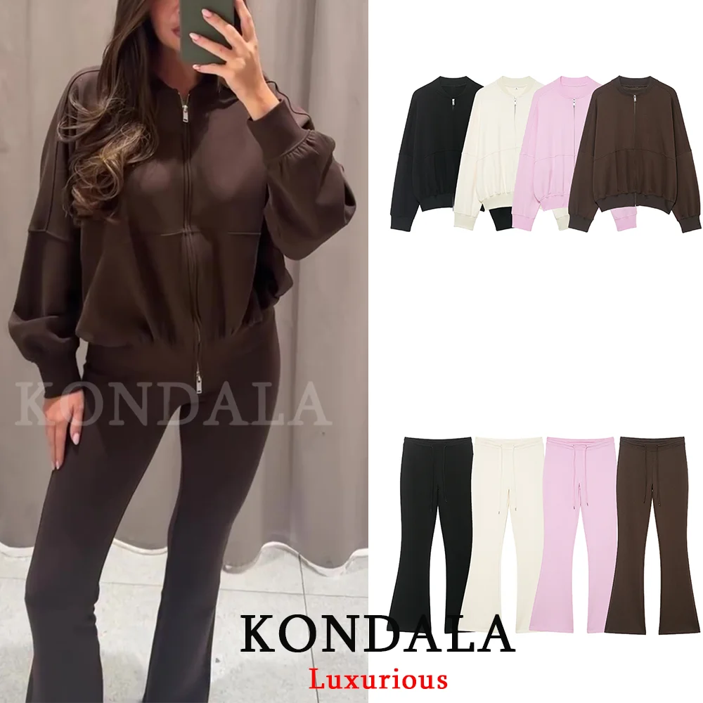 KONDALA Casual Chic Chocolate Brown Women Suits Long Sleeve Loose Jackets Long Flare Pants Elastic Sports Female Running Suits