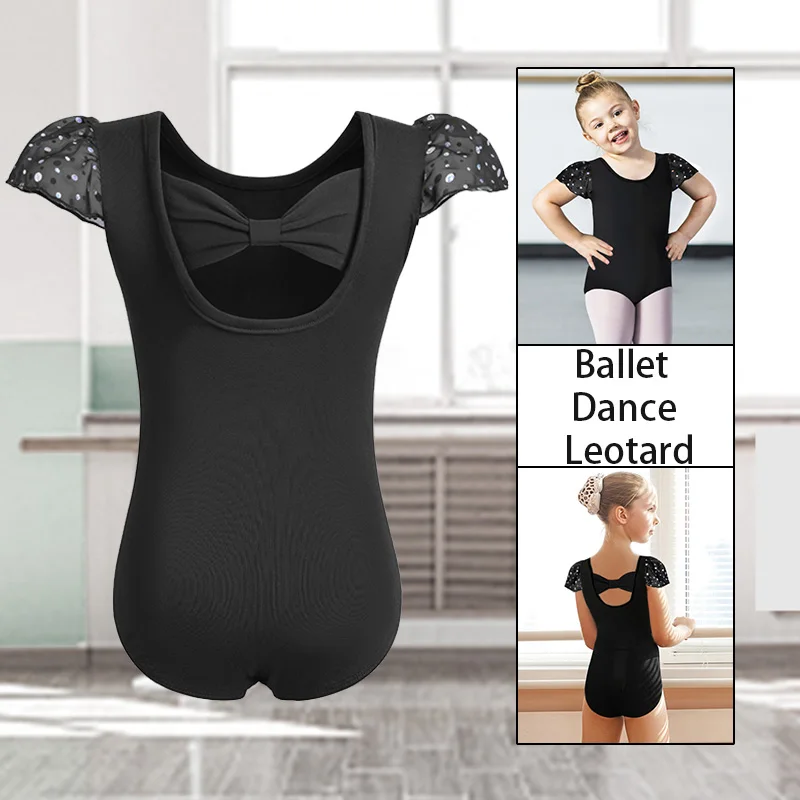 여자 어린이 기본 발레복, 반짝이는 러플 소매와 예쁜 뒷 리본이 있는 여자 체조 상의, 댄스 레오타드
