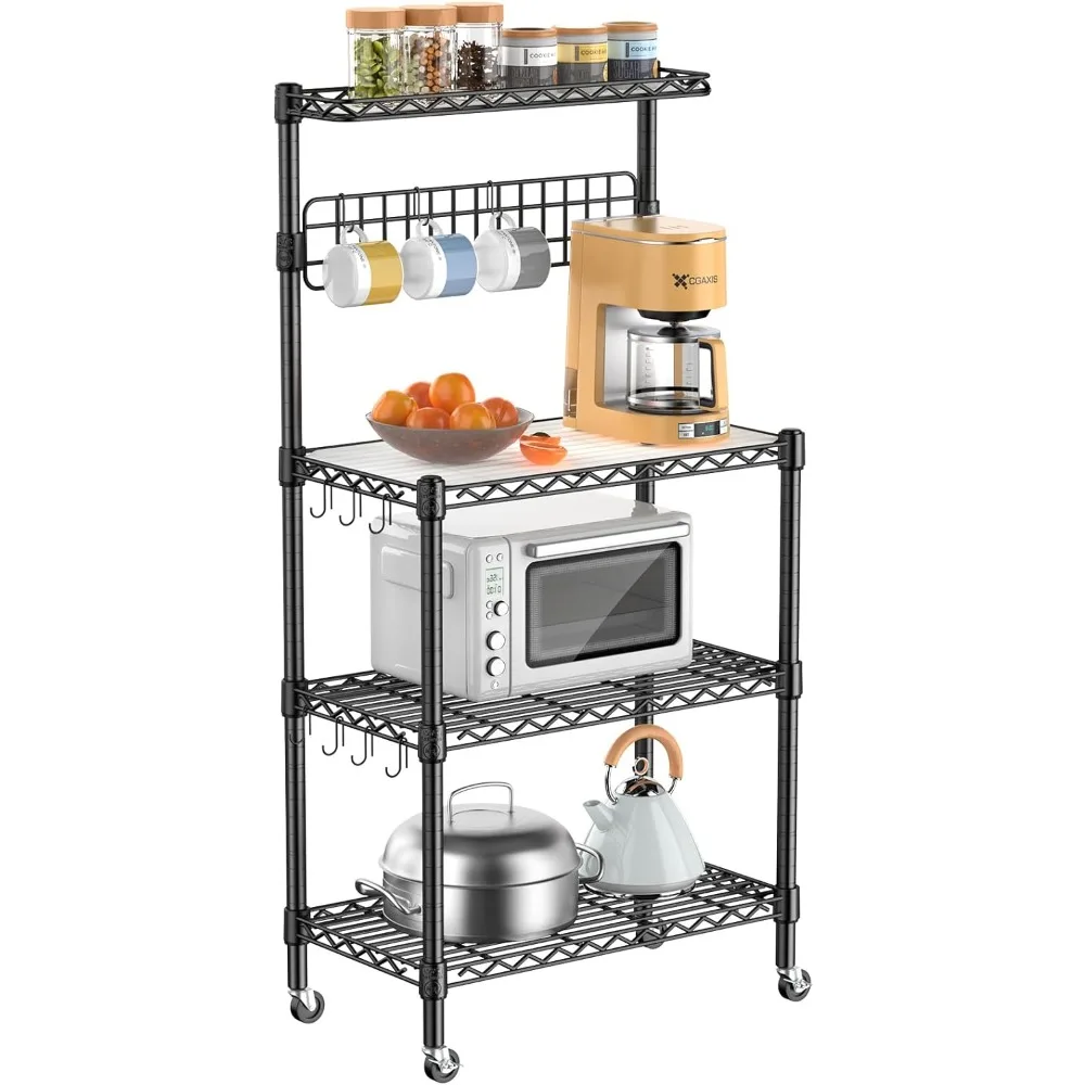 

Bakers Rack for Kitchen with Storage, NSF Certified 4-Tier Adjustable Coffee Bar with Wheels 10 S-Hooks Microwave Stand Kitchen