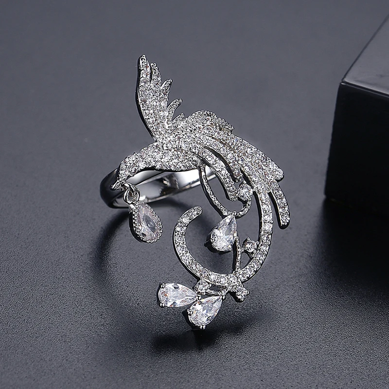 LUOTEEMI Phoenix Bird Rainbow Color CZ Finger Ring Luxury Animal Cubic Zirconia Women Party Jewelry Chinese Traditional Gifts