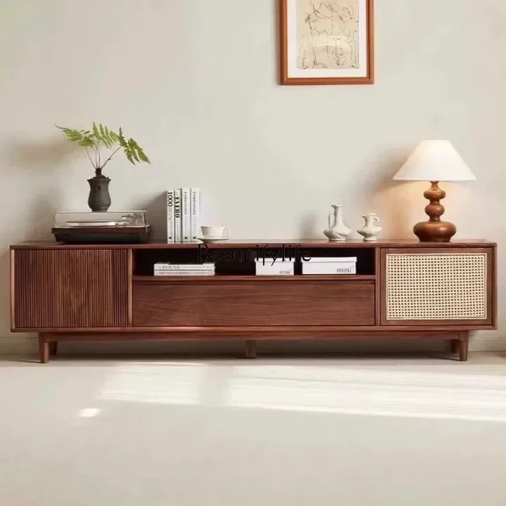 

FG44Black walnut TV cabinet retro rattan combination storage cabinet