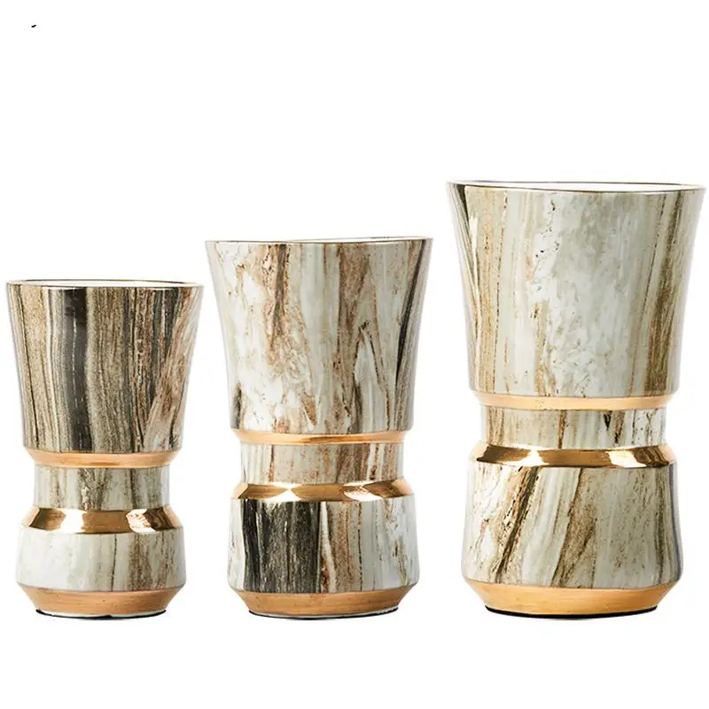 Modern Light Luxury Marble Ceramic Vase Simple Golden Stroke Living Room Dried Flower Arrangement Nordic Decoration Home