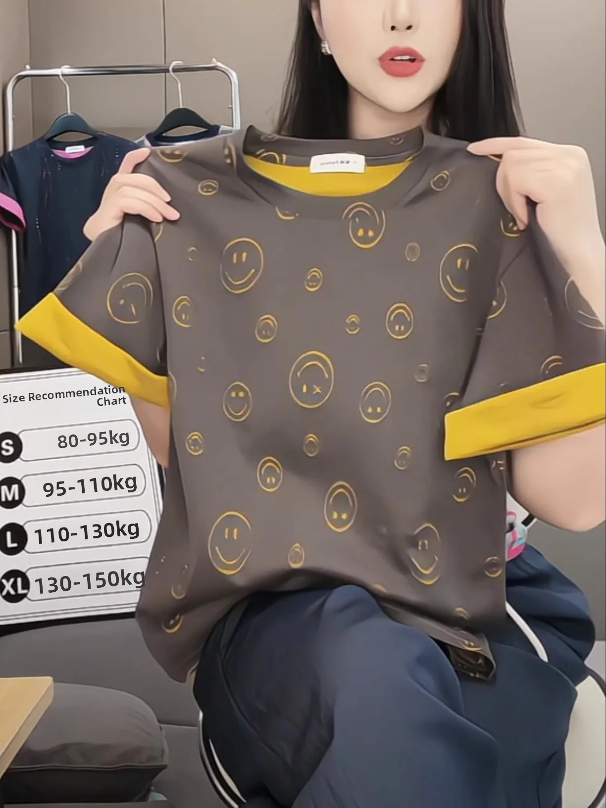 Pure Cotton Short Sleeve T-Shirt Women's Loose Korean Style Casual Anti-Aging Top Color Block Smile Print Summer New Arrival