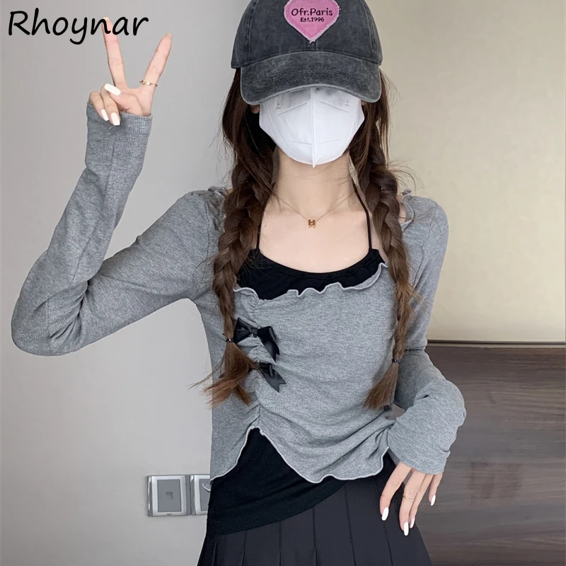 Long Sleeve T-Shirts Women Irregular Chic Bow Design Halterneck All-match Attractive Casual Sexy Spicy Girls Spring Streetwear