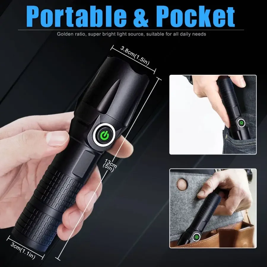 Ultra-Bright Zoomable Rechargeable LED Flashlight Work Lamp Adjustable Focus Torch Water-Resistant Handheld Flashlights