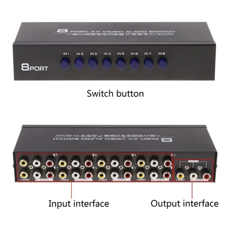 B27B RCA Composite Video Switcher 8-Way AV Switch 8 In 1 Out L/R Selector Box For DVD