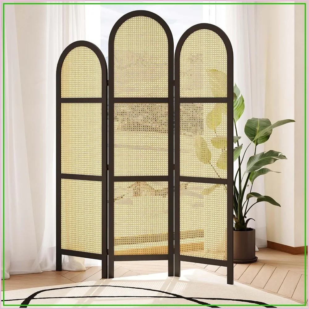 3-Panel Rattan Room Divider, Foldable Privacy Screen, Freestanding Partition