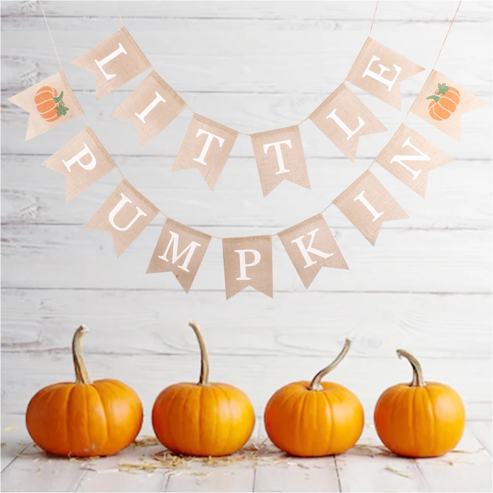

Thanksgiving Linen Little Pumpkin Hanging Party Linen Banner Bunting Flag for Wall Window Table