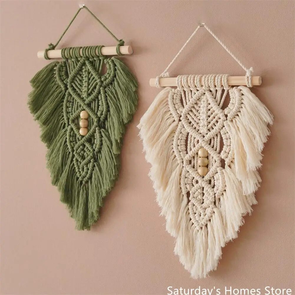 Handmade Macrame Leaf Hanging Tapestry  Ornaments with Wood Stick Wall Hanging Mini Tapestry for Wall Decoration Room Decoration