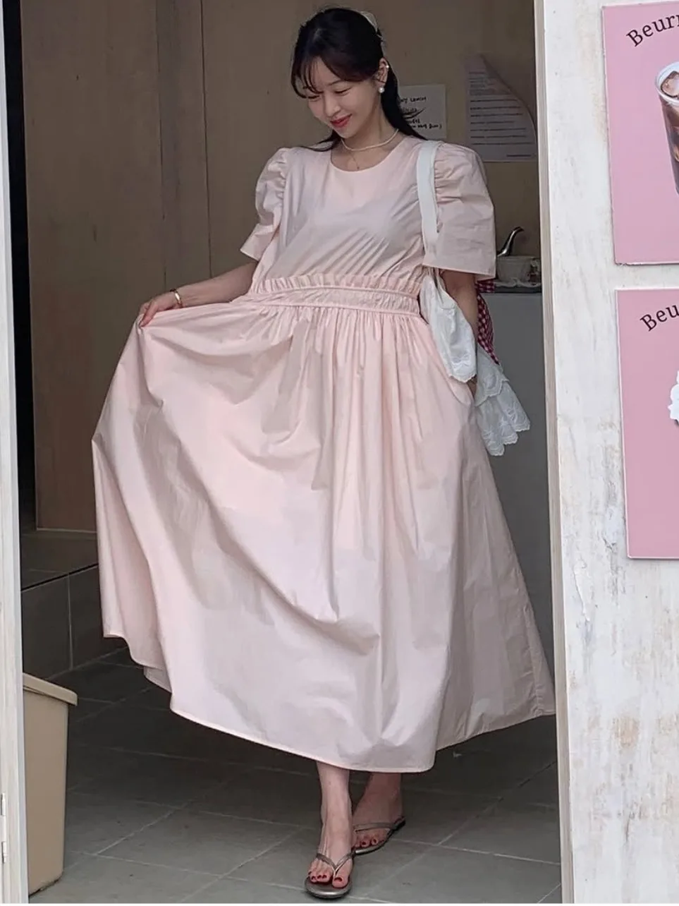 

Gentle Breeze Splicing Pleated Summer New Sweet Anti-aging Waist-cinching Bubble Sve Long Dr Women's Faion Sweater