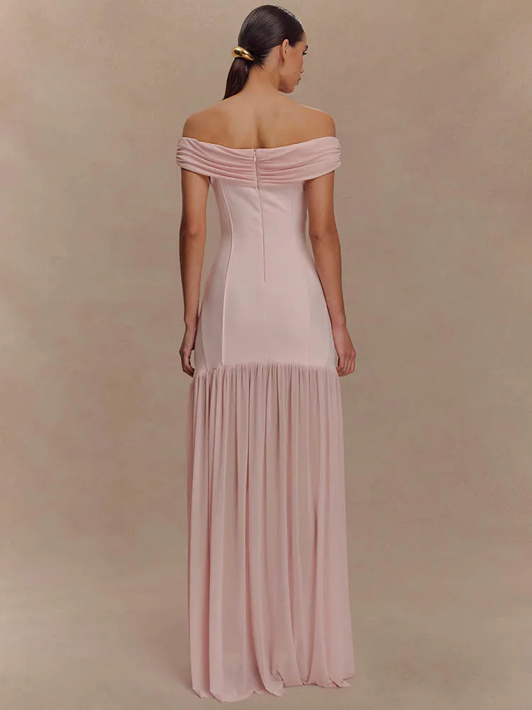 Mozision Off-shoulder Backless seksowna sukienka Maxi kobiety metalowy kwiat różowy Patchwork bez rękawów Ruched plisowana klubowa sukienka na imprezę 2025