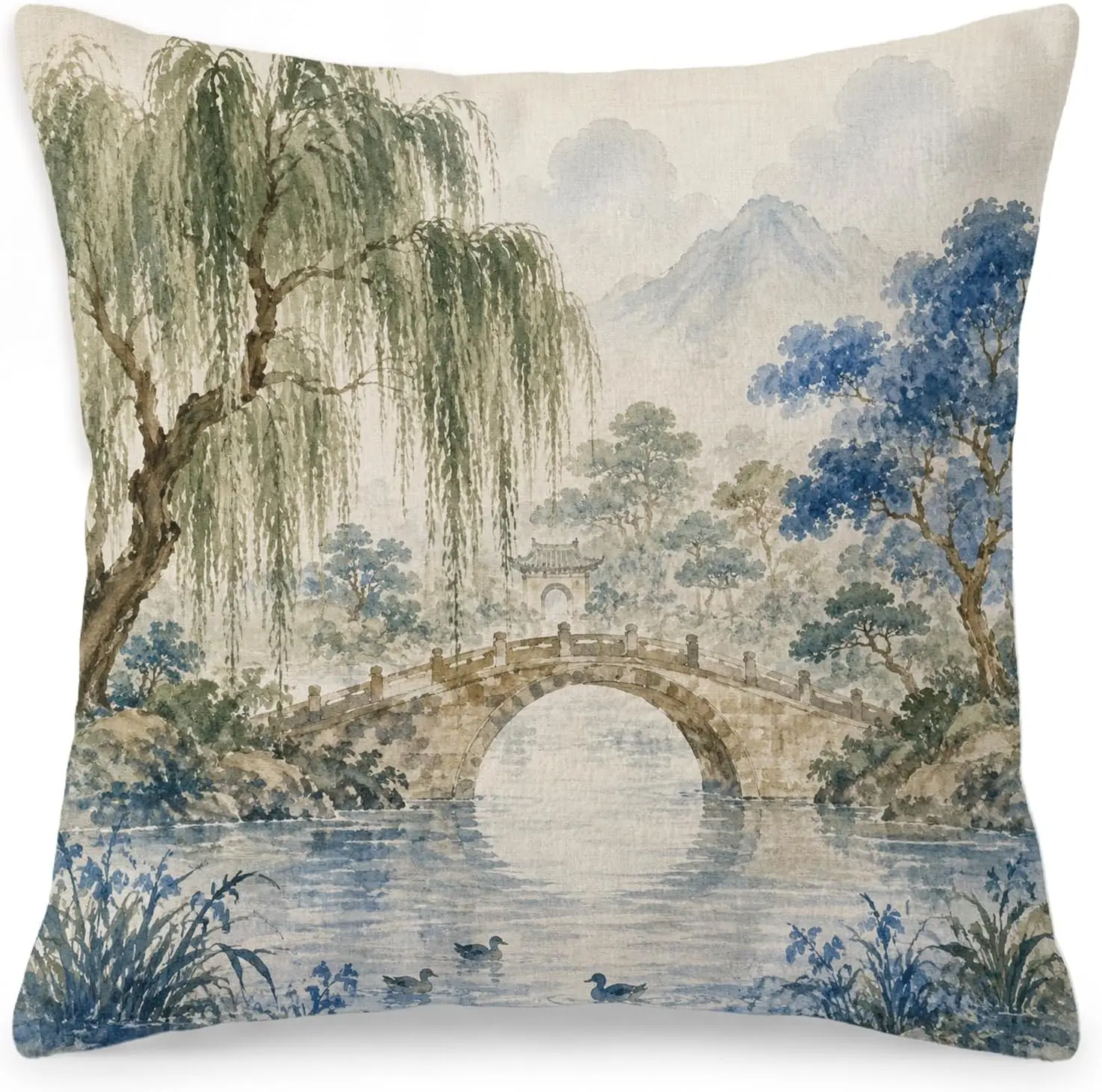 Chinese Landscape Pillow Cover Asian Art Print Oriental Willow Tree Bridge Watercolor Zen Style Home Decor Cushion Cushion Pillo