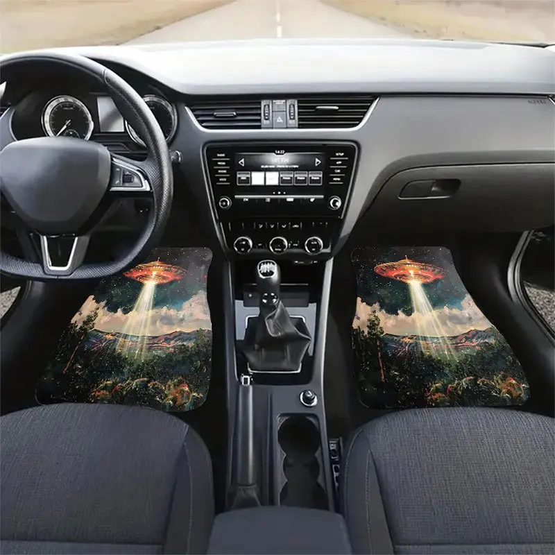 4pcs UFO Flying Saucer Car Floor Mats - Full Coverage Crystal Velvet Vehicle Floor Liners, Anti-Slip Alien-Themed Interior Suita