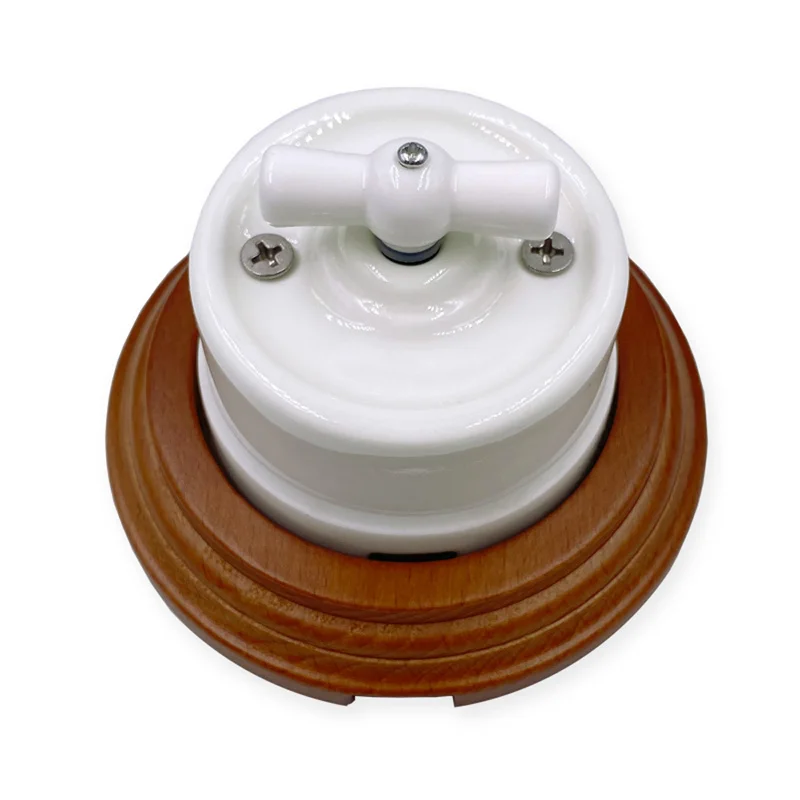 Retro Ceramic Rotary Switch Wall Lamp Knob Ceramic Switch 1-3 Hole Brown Wooden Base