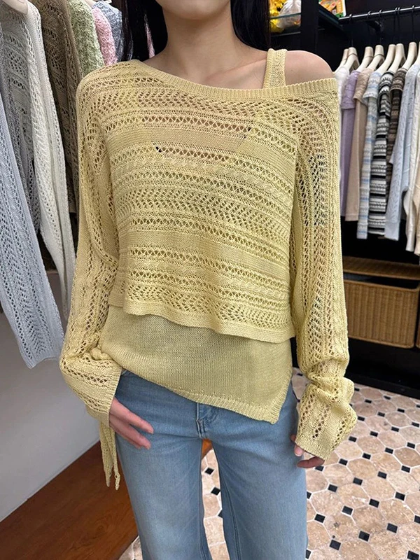 

Spring Summer 2026 Versatile Korean Style Knitted Set Hollow out Hook Design Long Sleeve Short Length High Waist Two Piece Suit