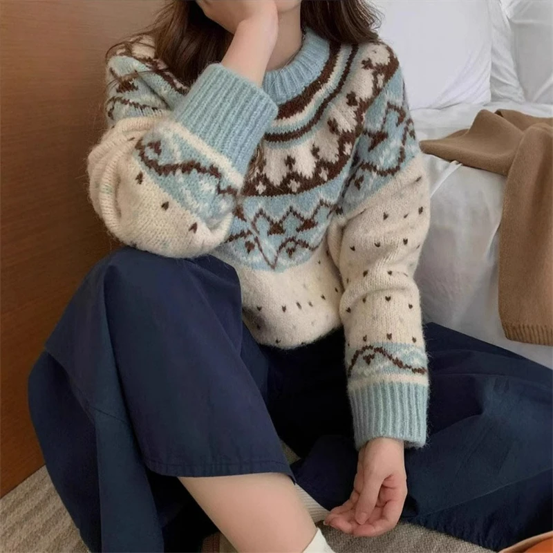 

Women Sweaters Print Vintage Long Sleeve Spliced Pullovers Jumpers Round Neck Straight Patchwork Knit Casual Autumn 2025