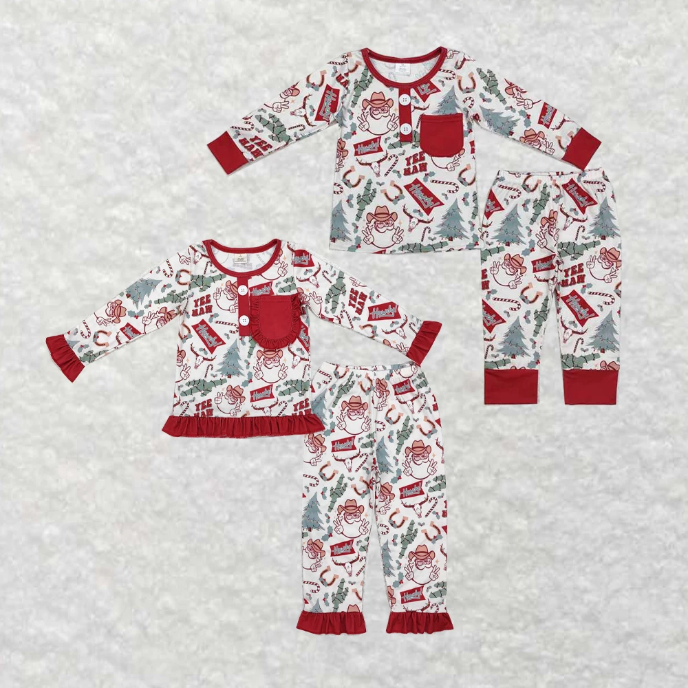 

Wholesale western boutique children clothing Baby Girls Boys Christmas Western Santa Cactus Top Pants Pajamas Clothes Sets