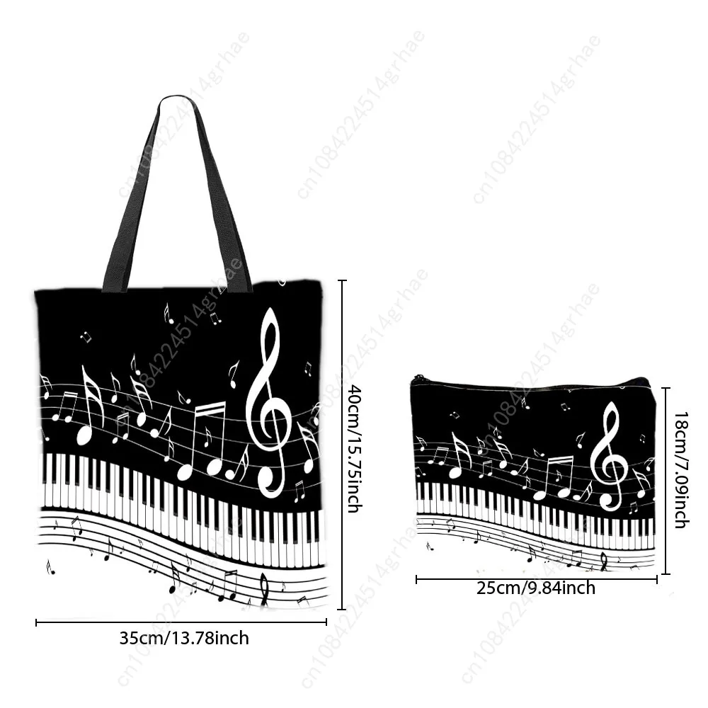 Music Note Print Shoulder Bag Makeup Bags Piano Music Elements Black White Color Handbag Casual Portable Shopping Bag Daily Use