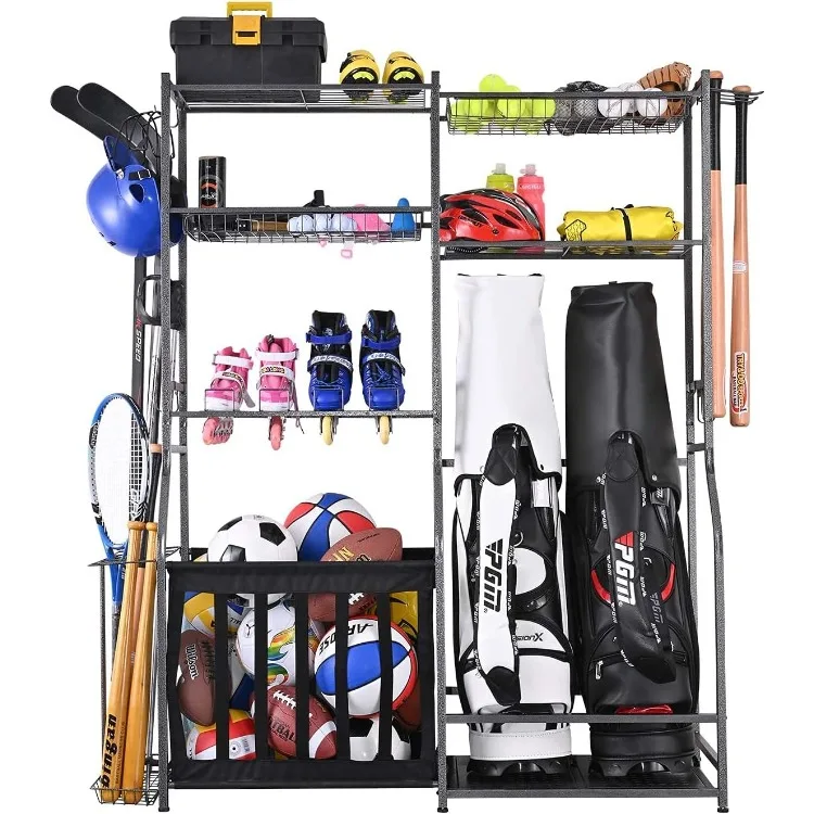 Garage Sports Equipment Storage, 2 Golf Bag Storage Stand and Other Sports Equipment Storage Rack, Garage Organizer System