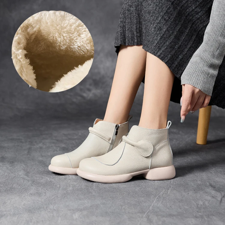 

New V mouth zip up ankle boots women's genuine leather shoes winter short plush boots woman top quality luxury booties ladies