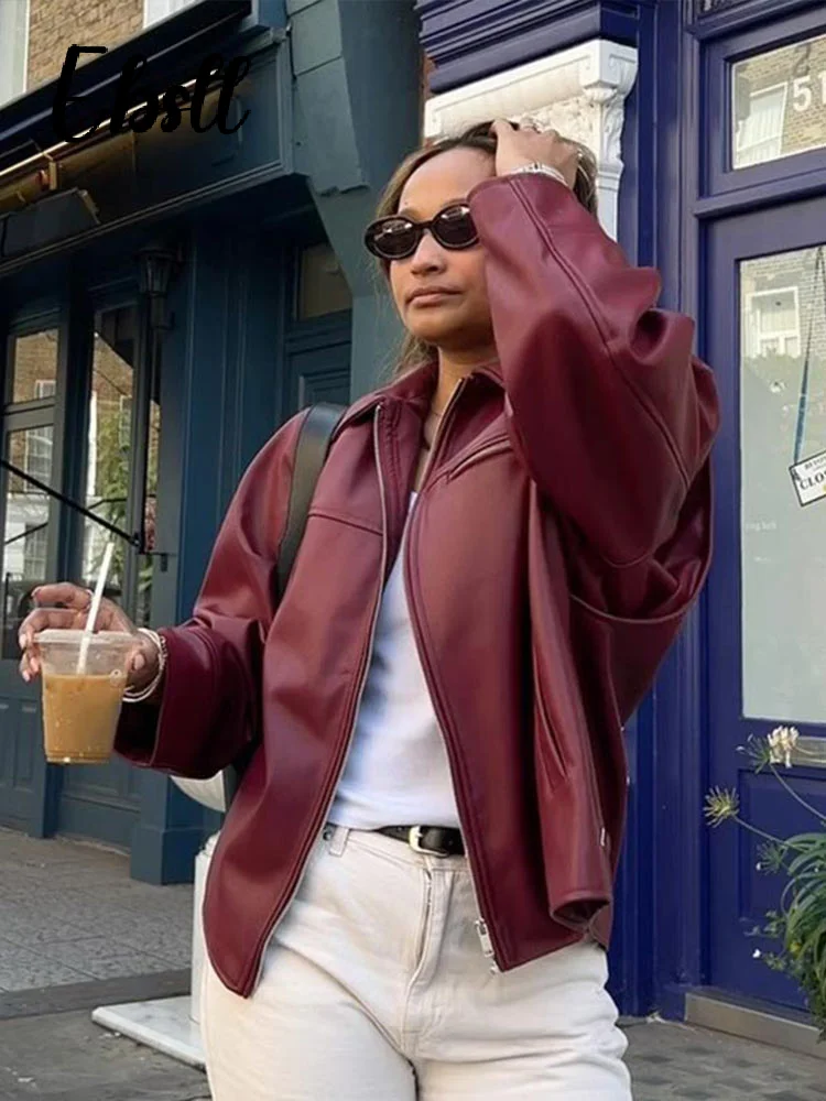 Chaqueta de cuero con solapa y cremallera para mujer, abrigo corto Vintage, color vino tinto, a la moda, otoño 2024