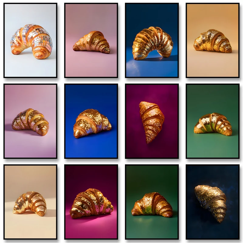 1pc frameless Canvas Painting Glitter Croissant Poster Disco Croissant Print Pop Art Bread Wall Art Picture Funky Eclectic Canva